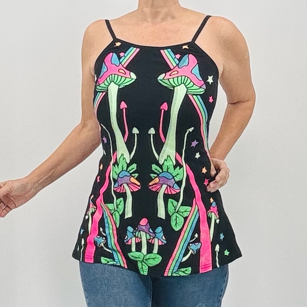 Dolls Kill Club Exx Psychedelic Mushroom Print Groovy Rave Festival Glitter Top